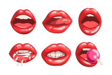 Kırmızı Parıltılı Dudaklar: Lolipop Kızların Ağzı ve Tensel İfade Vektörü Seti 'nde Yarı Açık. Kadın Ağzı Baştan Çıkarma ve Duygusallığı Gösteriyor