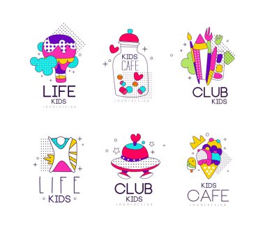 Kids Land Playground and Entertainment Club Area Colorful Promo Signs Vector Set. Playing Space for Children Logo