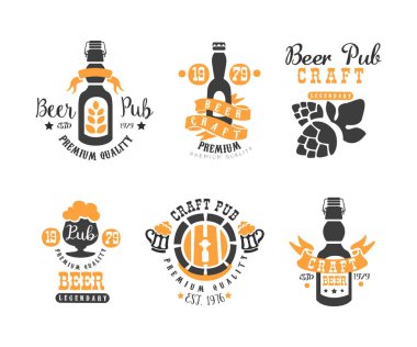 Bira Bar ve Bar için yaratıcı amblemler ya da Craft Brewing Company Vector Set. Köpük ve Şişe ile Alkolik İçecek Şablonu