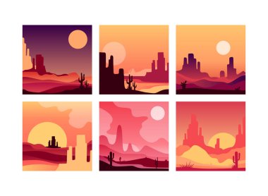 Kızıl Güneş 'le Çöl' de Günbatımı ve Kaktüs Vektör Kümesi 'yle Sandy Dunes. Kayalar ve Kaktüslerle vahşi doğa manzarası