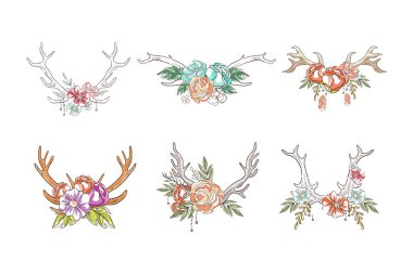 Beautiful Deer Antlers or Horns with Blooming Flowers Bouquet Vector Set. Boho Chic Style Elements with Feather, Blossom and Twigs clipart