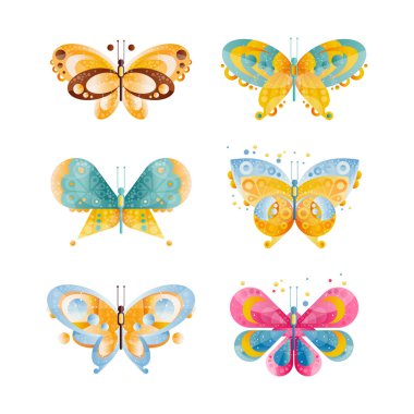 Parlak Renkli Kanatları ve Simetrik Şekil Düz Vektör Seti olan Kelebek. Uçan Böcek Egzotik Hayvan Konsepti