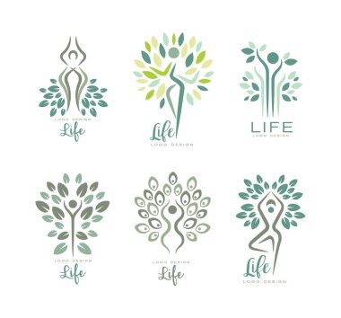 Lush Leaf Crown Vector Set 'li Ağaç Olarak İnsan Silueti Tasarımı. Sağlıklı Yaşam Tarzı ve Uyum İçin Yeşil Bitki