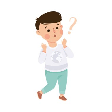 Kafasını kaşıyan Soru işaretiyle kafası karışmış küçük çocuk. 