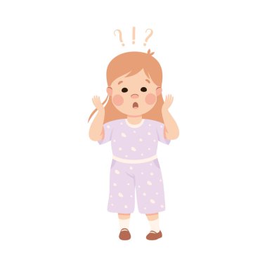 Kafasını kaşıyan Sorgu İşaretiyle Şaşırtan Küçük Kız Vektör İllüzyonu. Komik Düşünen Çocuk Duruyor ve Düşünüyor
