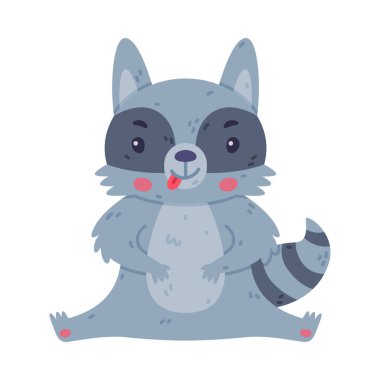 Çizgili Kuyruklu Komik Rakun Hayvan Karakteri Oturma ve Yalama Vektörü İllüstrasyonu. Şirin Orman Meraklı Memeliler Konsepti