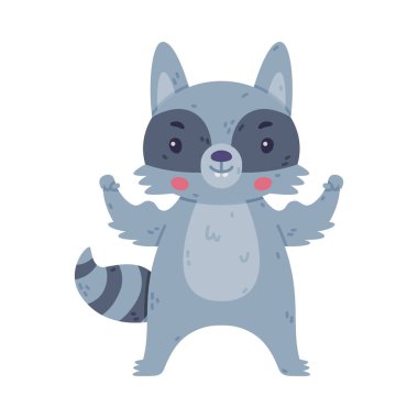 Çizgili Kuyruklu Komik Rakun Hayvan Karakteri Güçlü Kas Vektörü Resmini Gösteriyor. Şirin Orman Meraklı Memeliler Konsepti