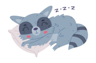 Çizgili Kuyruklu Komik Rakun Hayvan Karakteri Yastık Vektör Çiziminde Uyuyor. Şirin Orman Meraklı Memeliler Konsepti