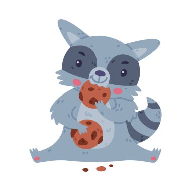 Funny Raccoon Animal Character with Striped Tail Eating Chocolate Cookies Vector Illustration. Cute Forest Curious Mammal Concept clipart