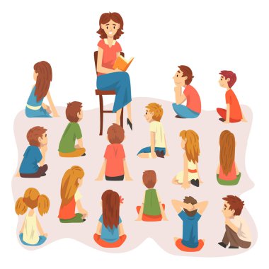 Sandalyedeki Kadın Küçük Çocuğa Kitap Okuyor ve Kız Yerde Oturuyor ve Peri Masalı Vector Set Dinliyor. İlgili Çocuk Hayal Hikayesi Konsepti