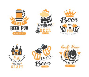 Bira Bar ve Bar için yaratıcı amblemler ya da Craft Brewing Company Vector Set. Köpük ve Şişe ile Alkolik İçecek Şablonu