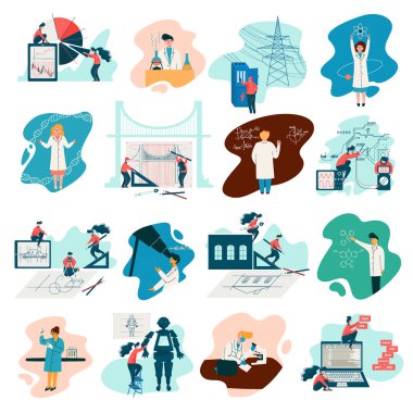 Farklı Meslek Mühendisliği ve Bilimsel Araştırma Büyük Vektör Kümesi insanları. Erkek ve Kadın Çeşitli Meslek Konseptine Bağlandı