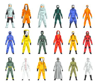 Tehlikeli Madde Giysisi Giyen Adam Büyük Vektör Kümeli Kişisel Koruyucu Ekipman. Tehlikeli Maddeler Konseptine Karşı Koruyucu Üniformalı Erkek Solunum Cihazı