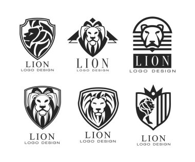 Lion Logo or Logotype Design as Graphic Mark and Emblem Vector Set. Black Graphic Wild Animal Symbol of Power and Strength as Public Company Identification and Recognition Concept clipart