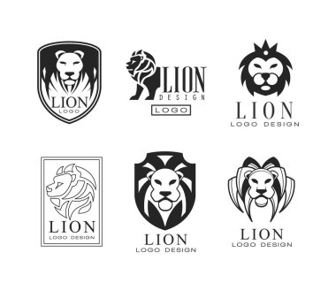 Aslan Logosu veya Logotype Tasarımı Grafik İşareti ve Amblem Vektör Kümesi olarak. Kamu Şirketi Tanımlama ve Tanıma Konsepti Olarak Siyah Görsel Vahşi Hayvan Gücü ve Gücü Sembolü