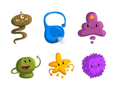 Gülen yüzleri ve komik şekilleri olan sevimli çizgi film canavarları. Tuhaf Yaratıklar ve Yaratık Konsepti