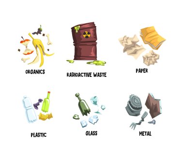 Organik, Radyoaktif Atık, Kağıt, Plastik, Cam ve Metal Vektör setli çöp. Geri Dönüşüm Konsepti için Atık Sıralama veya Sınıflandırma