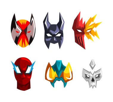 Superhero and Bad Mask Worn on Face by Fairy Character Vector Set. Famous Justice Fighter and Villian Disguise Accessory Concept clipart