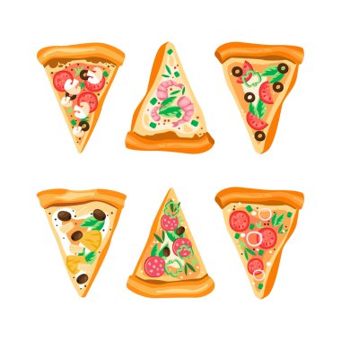 Farklı İçindekilerle İştah açıcı Pizzanın Dilimleri Görünüm Vektör Kümesinin Üzerinde. Toppings Kavramlı Lezzetli İtalyan Yemeği