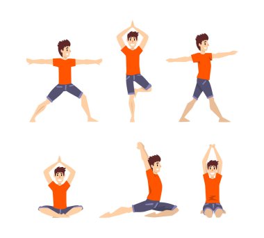 Kırmızı kazaklı gülen adam farklı Asana vektör setinde yoga yapıyor. Çeşitli Pozisyonlarda Dengelenen Vücut Sağlığı İçin Fiziksel Egzersiz Yapan Genç Erkek