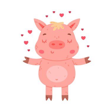 Toynaklı Komik Pembe Domuz Karakteri Aşk Kalpli Vektör İllüzyonu. Güzel Burunlu Şirin Çiftlik Hayvanı
