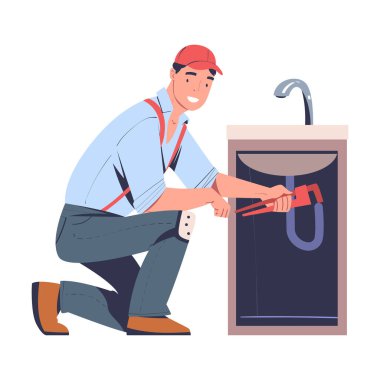 Muslukçu Adam Lavabo Altındaki Boruyu Anahtarla Düzeltiyor. Erkek Tamirci Karakteri Bakım Servisi 'ne alındı