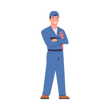 Man Plumber, Wrench ile birlikte çalışıyor ve vektör illüstrasyonunu tamir ediyor. Erkek Tamirci Karakteri Bakım Servisi 'ne alındı