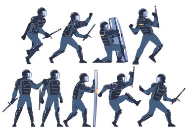 Çevik Kuvvet Polisi ve Üniformalı Manga ve Kasklı Kalkan ve Batonla Yüzleşen Kalabalık Vektörü Set. Silahlı Asker ve Özel Kuvvetler