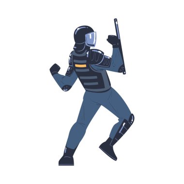 Çevik Kuvvet Polisi ve Üniformalı Takım Üyesi ve Baton Fighting Vector Illustration 'lu Miğfer. Silahlı Asker ve Özel Kuvvetler Eğitimli veya Donanımlı Adam