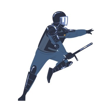 Çevik Kuvvet Polisi ve Üniformalı Takım Üyesi ve Baton Fighting Vector Illustration 'lu Miğfer. Silahlı Asker ve Özel Kuvvetler Eğitimli veya Donanımlı Adam