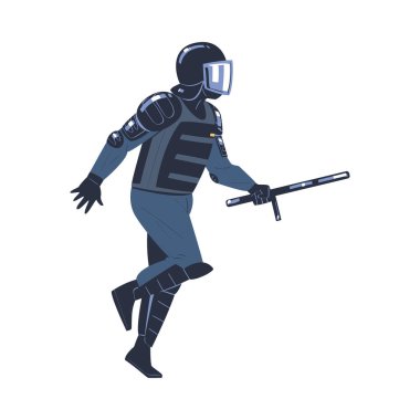 Çevik Kuvvet Polisi ve Üniformalı Takım Üyesi ve Baton Fighting Vector Illustration 'lu Miğfer. Silahlı Asker ve Özel Kuvvetler Eğitimli veya Donanımlı Adam