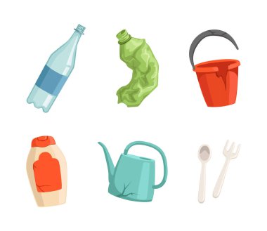 Plastik ve Cam Şişeli Çöp ve Atık, Kova ve Su Kutusu Vektör Seti. Çöp ve Çöp Kavramı