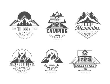 Mountain Trekking, Camping and Expedition Logo Design Vector Set. Nature Exploration and Wilderness Discovery Emblem clipart