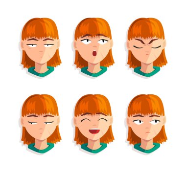 Yüzünde farklı bir ifade vektörü olan kızıl saçlı hoş bir kadın. Kısa Saç Gösterici Duygu Konseptine sahip Genç Kadın Yüzü