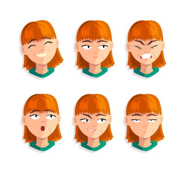 Yüzünde farklı bir ifade vektörü olan kızıl saçlı hoş bir kadın. Kısa Saç Gösterici Duygu Konseptine sahip Genç Kadın Yüzü