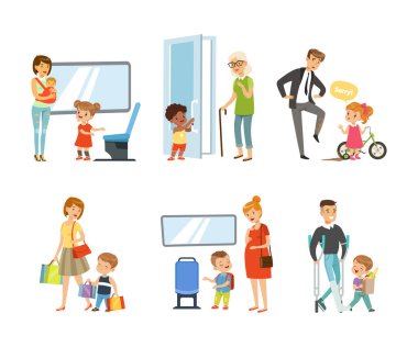 Kibar Çocuk ve Kız Yielding Seat to Woman, Kapıyı Açma, Özür Deyin ve Alışveriş Torbası Vector Illustration Set Taşıma. İyi huylu ve terbiyeli Küçük Çocuk Karakteri