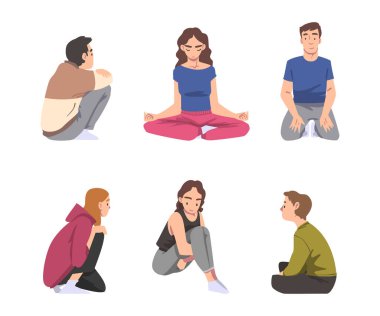 Dizleri bükülmüş bir adam ve kadın yerde oturuyor. Sakin bir vektör seti. Yansıtıcı Erkek ve Kadın Dinlenme Molası