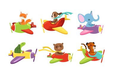 Funny Animals Aviating or Flying on the Airplane with Propeller Vector Set. Cute Zoo Mammals Enjoying Flight in the Air with Winged Aircraft Concept clipart