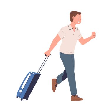 Yürüyen Adam Bavulu Yaz Tatilinde Yolculuk Vektörü İllüzyonu Yapıyor. Seyahat Eden Yolculuğu Arzusu Olan Mutlu Erkek Turistler
