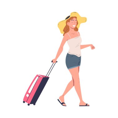 Çantalı Kadın Karakteri Yaz Tatiline Çıkıyor Seyahat Vektörü İllüzyonu Var. Seyahat eden seyahat eden gezgin şehvetli mutlu bayan turist.