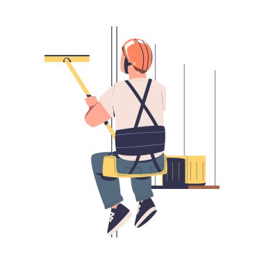 Bucket ve Squeegee ile birlikte Height 'te çalışan adam, Endüstriyel Tırmanma Vector Illustration' da Halat ve Kayışla Asılma 'da askıya alındı. Bakım ve Onarım Yapan Erkek İşçi
