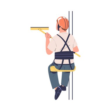 Yükseklik 'te çalışan adam ve Squeegee askıya alınmış halat ve kayışla asılı olarak Endüstriyel Tırmanış Vektörü Illustration ile meşgul. Bakım ve Onarım Yapan Erkek İşçi