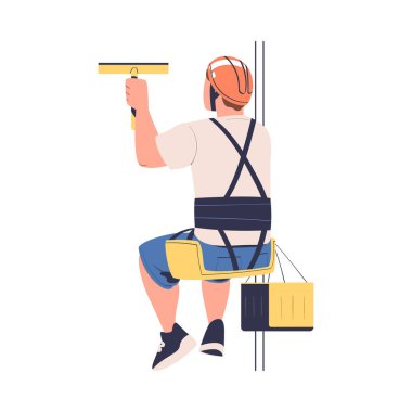 Bucket ve Squeegee ile birlikte Height 'te çalışan adam, Endüstriyel Tırmanma Vector Illustration' da Halat ve Kayışla Asılma 'da askıya alındı. Bakım ve Onarım Yapan Erkek İşçi