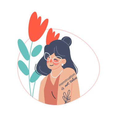 Adet ya da Adet Çiçekli Kadın ve Yazı Vektörü İllüzyonu. Düzenli Adet Gören Genç Kadın