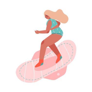 Pembe ped vektör illüstrasyonunda Uçan İç Çamaşırlı Kadın ile Adet veya Adet. Düzenli Adet Gören Genç Kadın