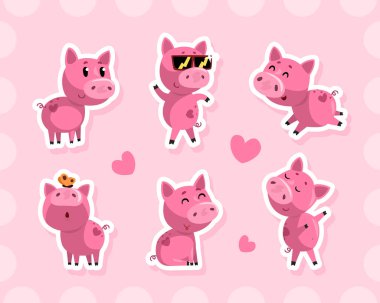 Love Heart Vector Set 'li komik pembe domuz çizgi film karakterleri. Güzel Burunlu Şirin Çiftlik Hayvanı