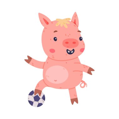 Funny Pink Piggy Character with Hoof Playing Football Vector Illustration. Cute Farm Animal with Pretty Snout clipart