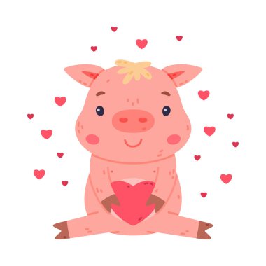 Toynaklı Komik Pembe Domuz Karakteri Aşk Kalpli Vektör İllüzyonuyla Oturuyor. Güzel Burunlu Şirin Çiftlik Hayvanı