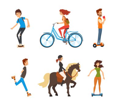 Genç Adam ve Kadın Paten, Binici At, Bisiklet, Uçan Kaykay ve Yol Vector Seti boyunca Kaykay. Erkek ve Kadın Açık Hava Araç Hareketi ve Hareketi Konseptine Bağlandı