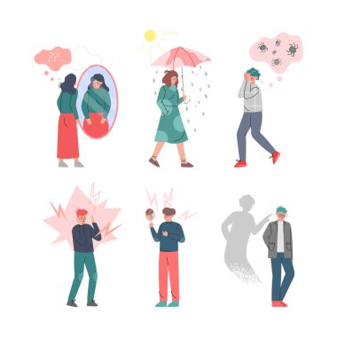 Gençler Psikolojik Sorunlar Vektör Kümesi 'nden muzdarip. Genç Erkek ve Kız Endişe, Yalnızlık ve Depresyon Konsepti